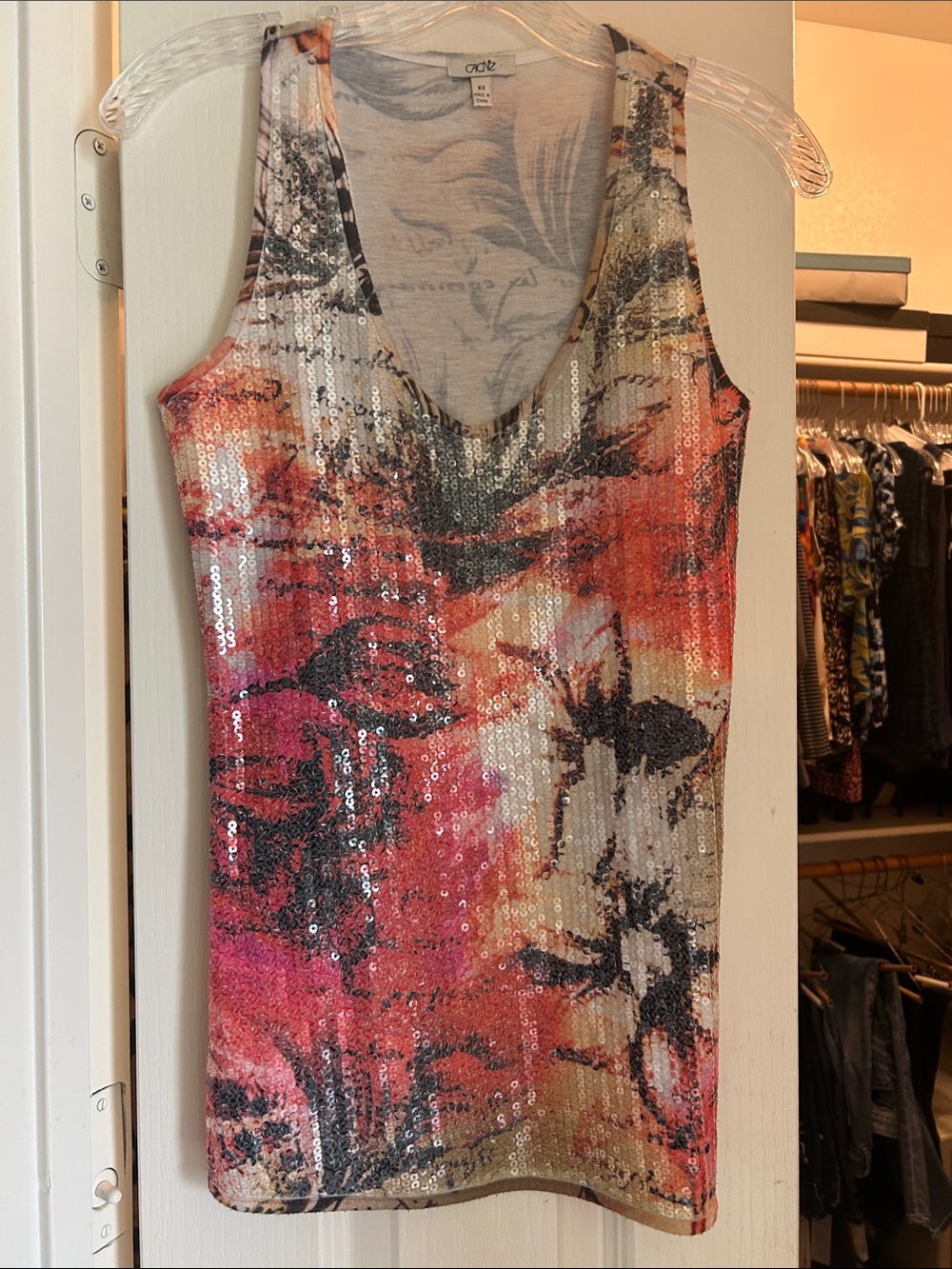 Cache Sequin Floral Scoop Neck Tank - Multicolor
